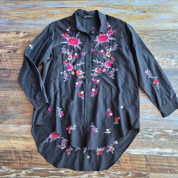 ZARA Floral Embroidered Cotton Silk Oversize Shirt Button Long Sleeve Black - Picture 6 of 13